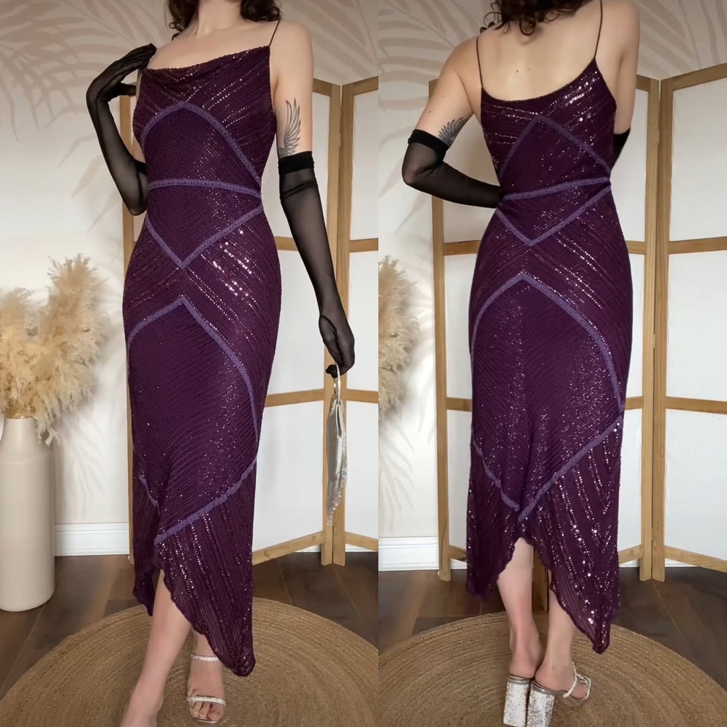 Purple 100% silk beaded evening gown uk 10-12