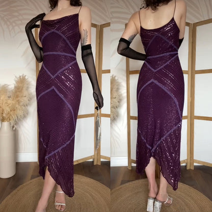 Purple 100% silk beaded evening gown uk 10-12
