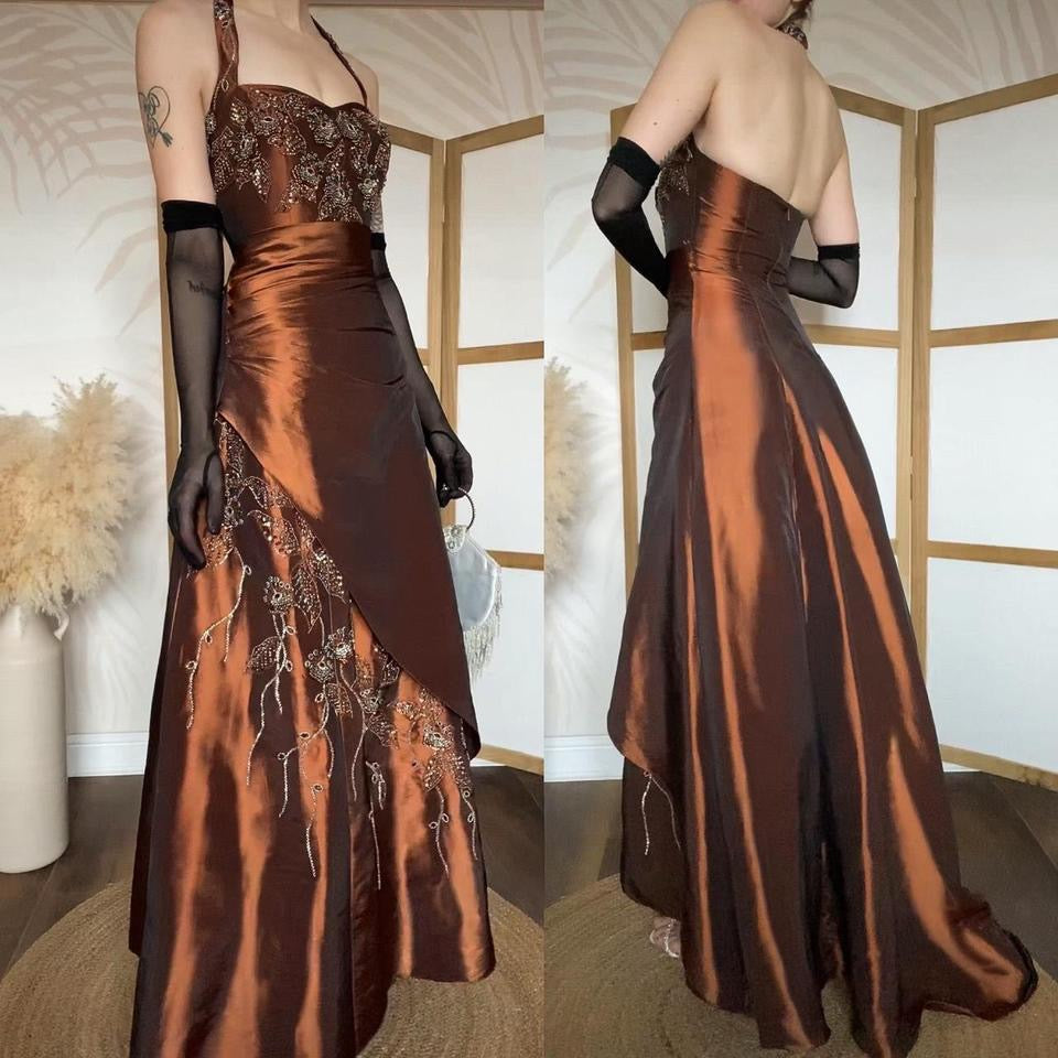 Warm brown halterneck a line beaded prom dress uk 8-10