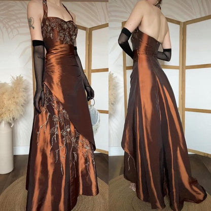 Warm brown halterneck a line beaded prom dress uk 8-10