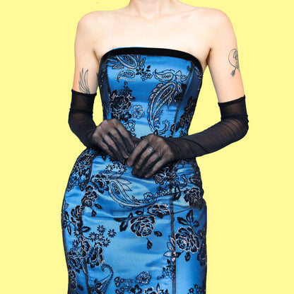 Blue glittery floral strapless evening dress UK 10