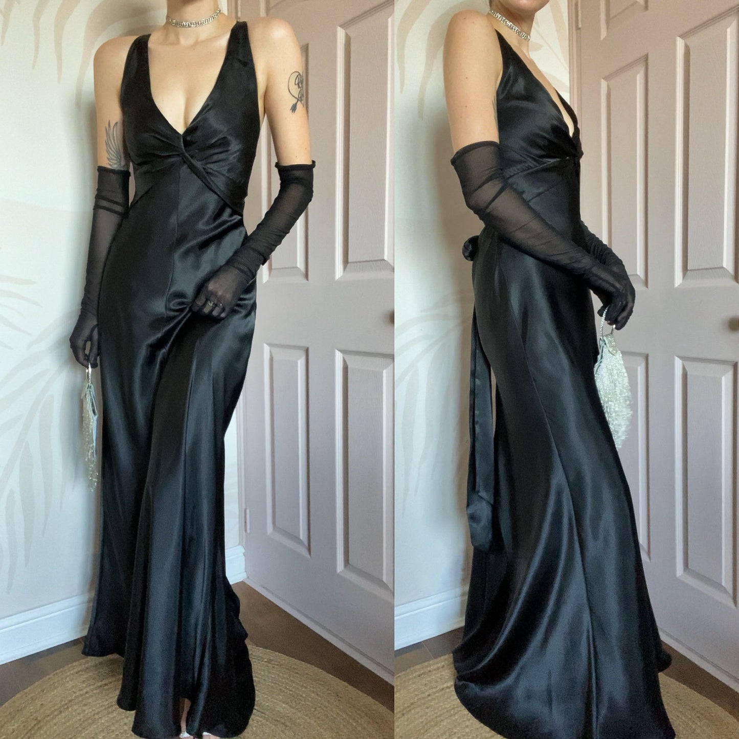 Black satin Betsy & Adam evening gown UK 14