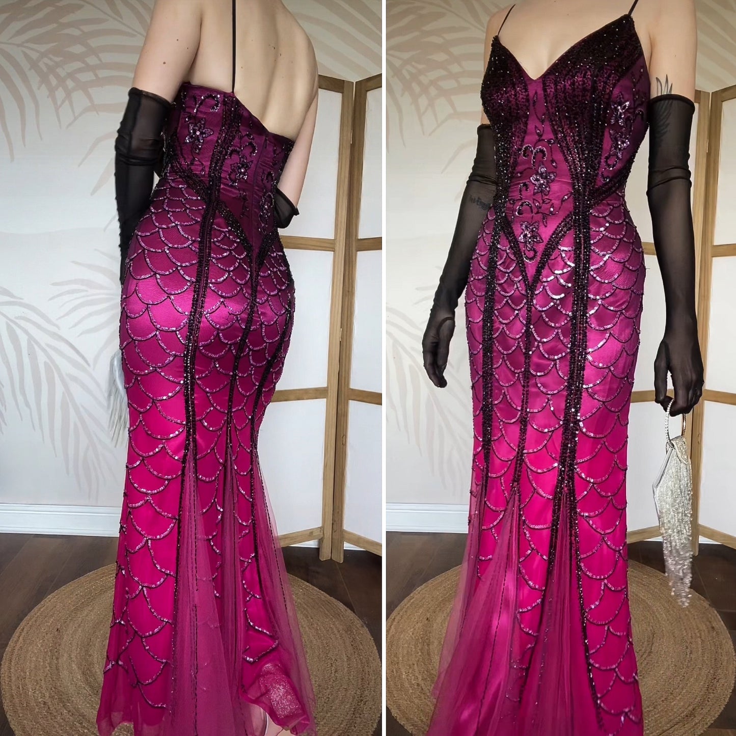 Pink 100% silk bead & sequin mermaid evening dress uk 10