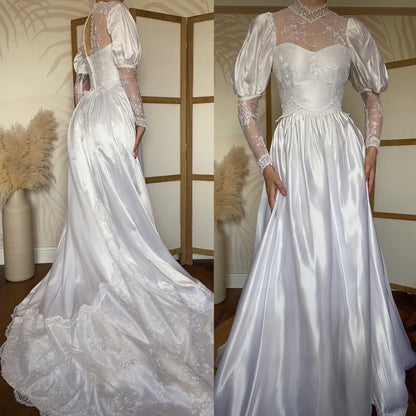 White satin & lace 80s wedding dress UK 6/XS