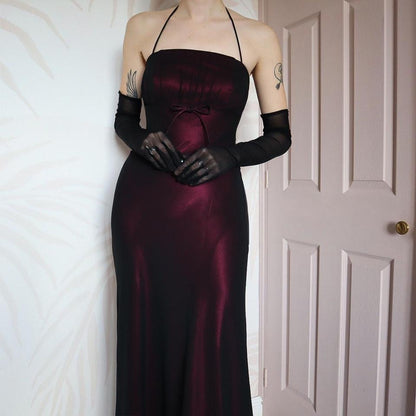 Vintage 90s Bhs dark overlay halter neck gown UK 16