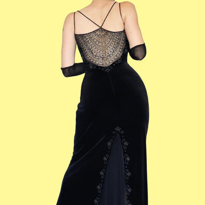 Black velvet beaded evening dress UK 14-16
