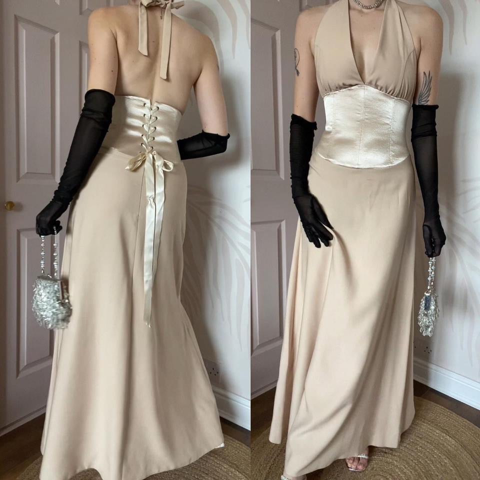 Designer Dawn Stretton 90s cream halter neck dress UK 10