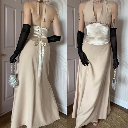Designer Dawn Stretton 90s cream halter neck dress UK 10
