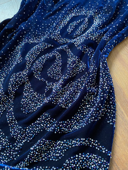 Frank Usher navy velvet beaded dress & shawl uk 14