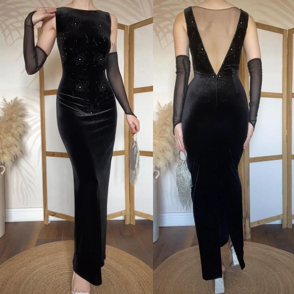 Black velvet stretch beaded low back evening dress uk 12-14