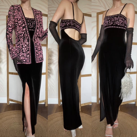 Tadashi black & pink beaded 2 piece dress and jacket uk 12