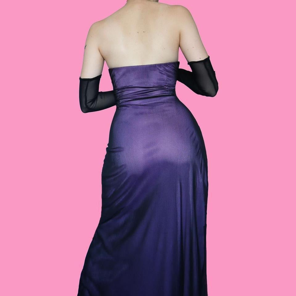 Purple stretchy strapless body con evening dress UK 10 & 12