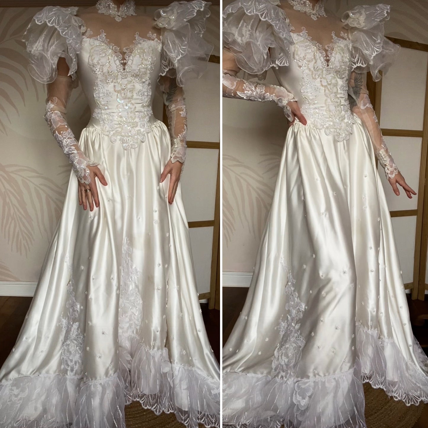 80s lace satin wedding dress with removable sleeves UK 10