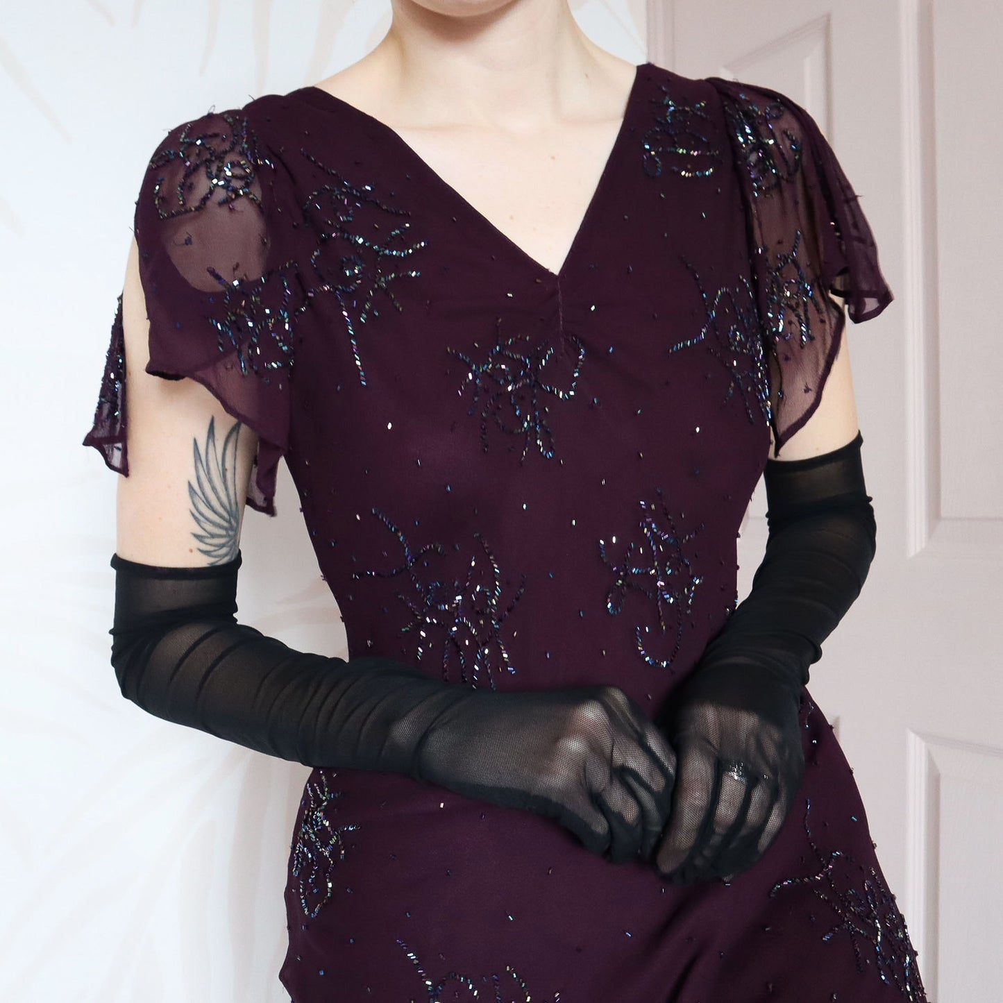 Purple beaded 100% silk evening gown UK 12