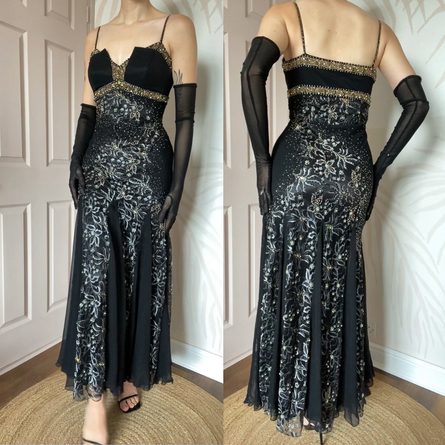 100% silk beaded lace black dress UK 10-12