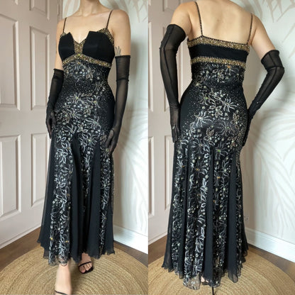 100% silk beaded lace black dress UK 10-12