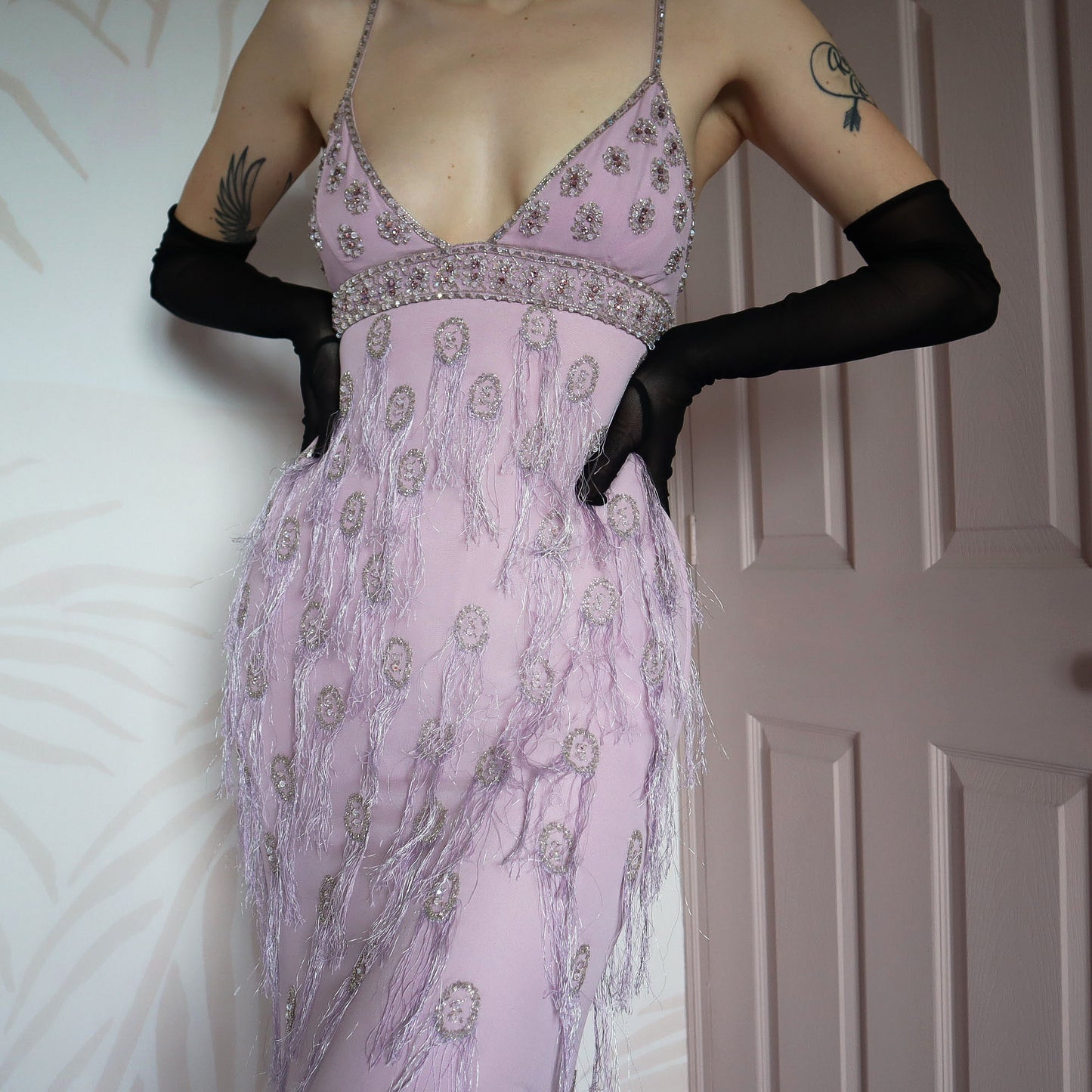 Lilac 100% silk fringe evening gown UK 10