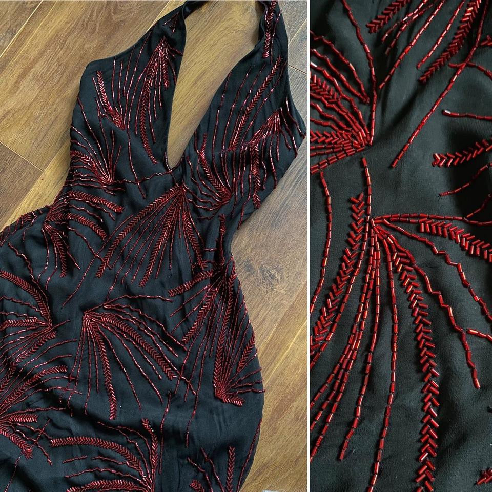 Black & red silk beaded halter-neck evening dress uk 12