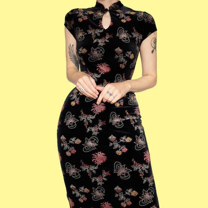 Black velvet short sleeve evening dress UK 12