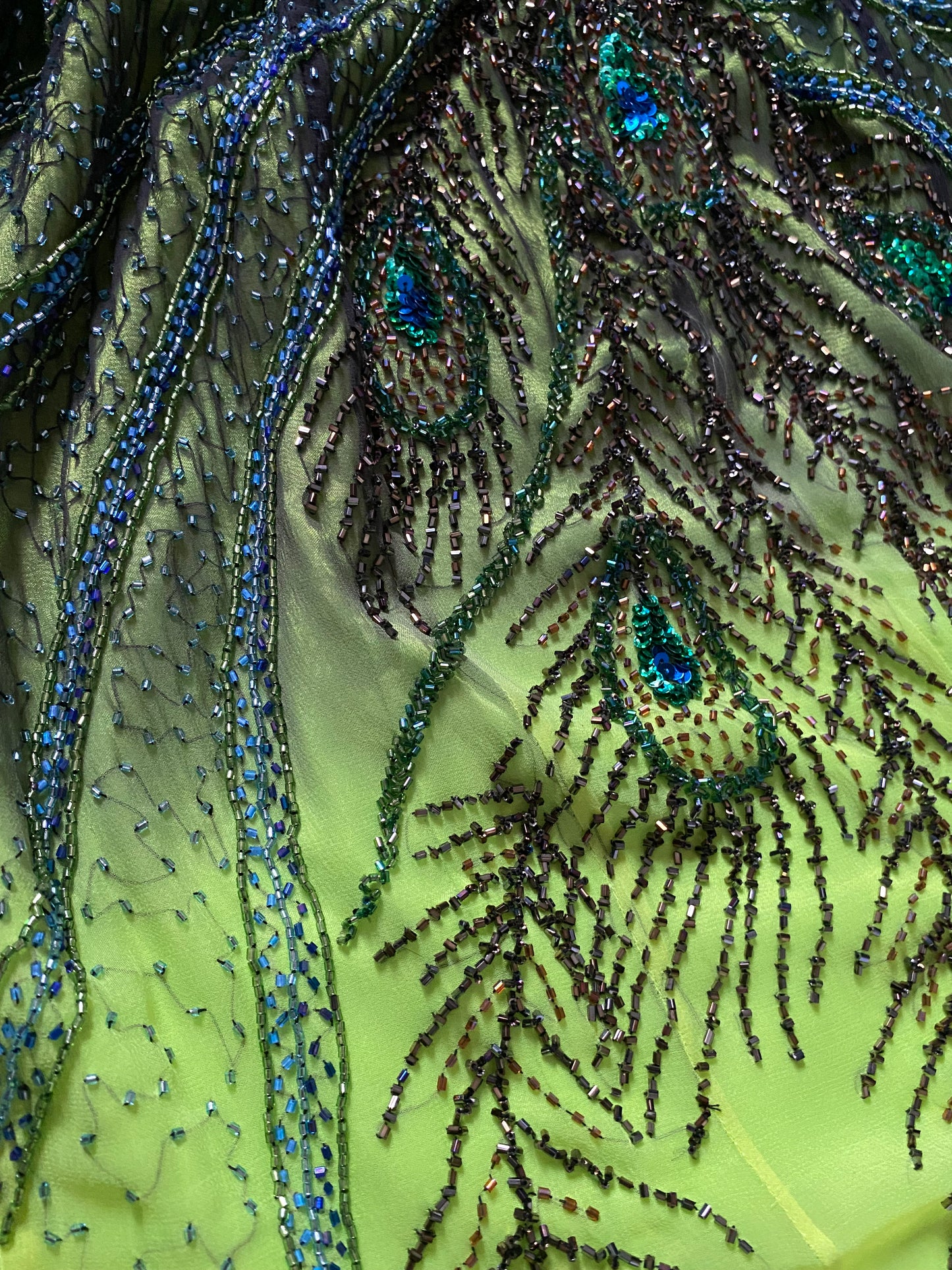 Electric green strapless heavily beaded evening dress UK 14-16