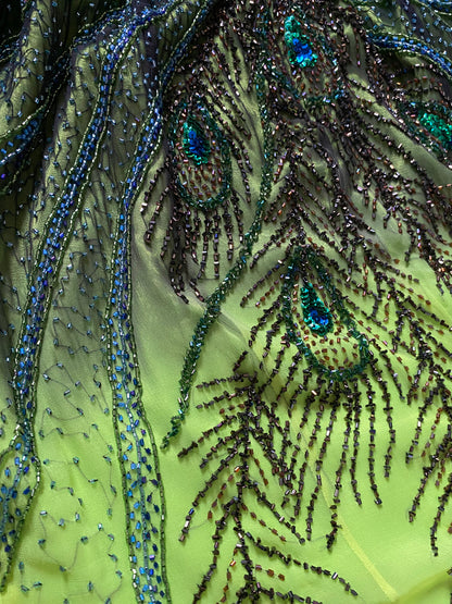 Electric green strapless heavily beaded evening dress UK 14-16