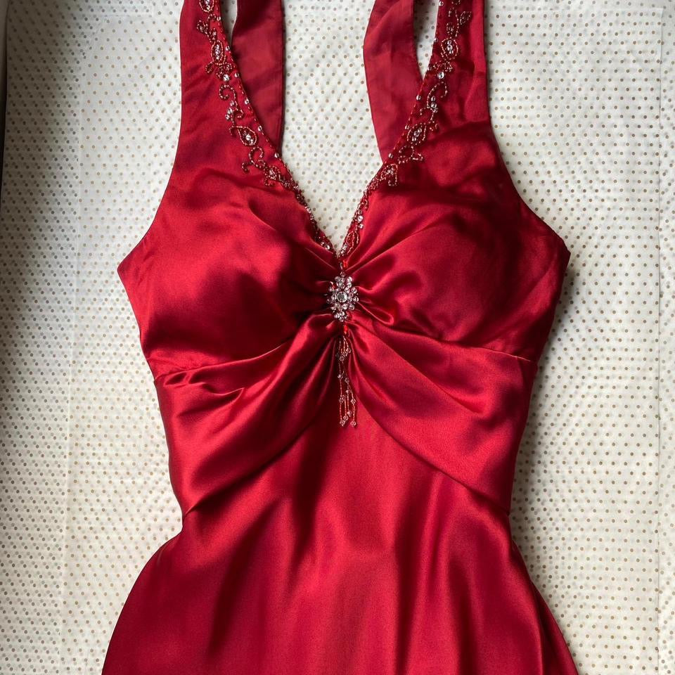 Niki Livas red satin open back evening dress uk 10