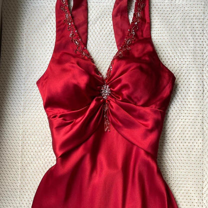 Niki Livas red satin open back evening dress uk 10