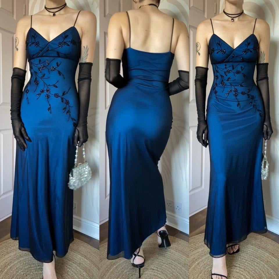 John Charles vintage 90s blue beaded dress UK 8-10