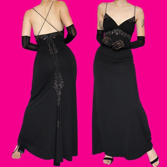 Black vintage 90s Dave & Johnny beaded stretch evening dress UK 16