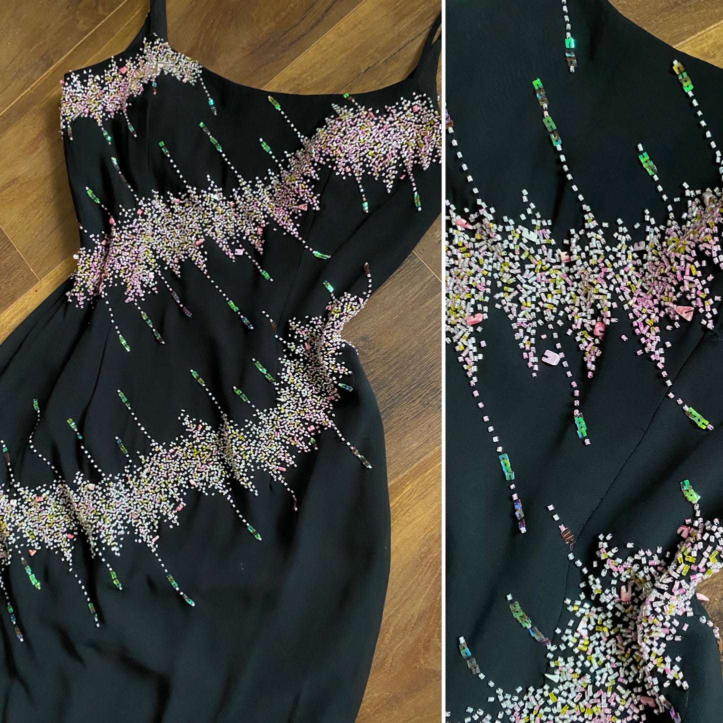 YVE London black & pink beaded evening dress uk 12-14