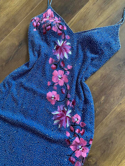 Blue silk beaded floral evening dress UK 12-14