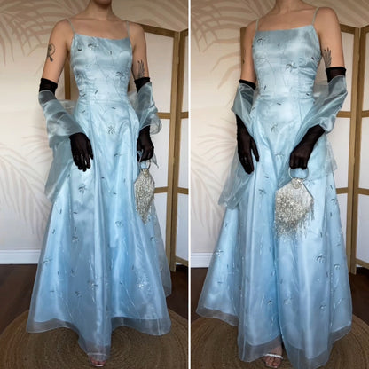 Light blue a-line organza beaded prom dress & shawl UK 12