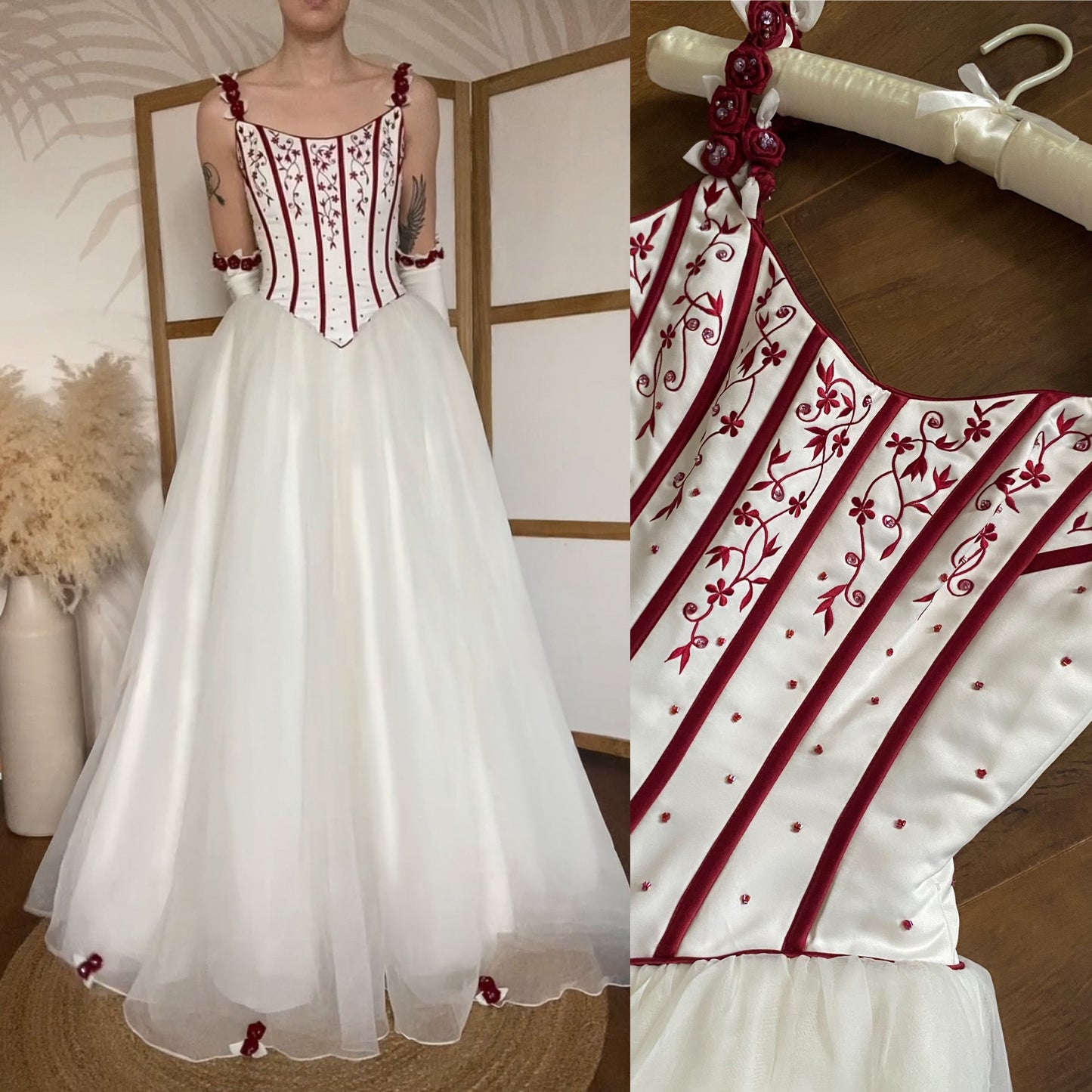 Gorgeous white & red wedding dress & gloves uk 10