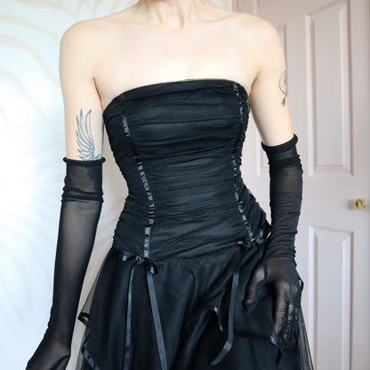 Black layered strapless evening gown UK 10