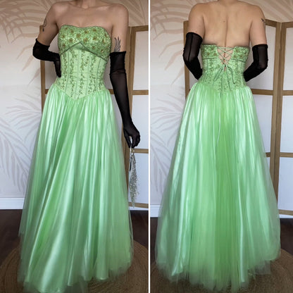 Bright green Tiffany Bling strapless a-line beaded prom dress UK 8