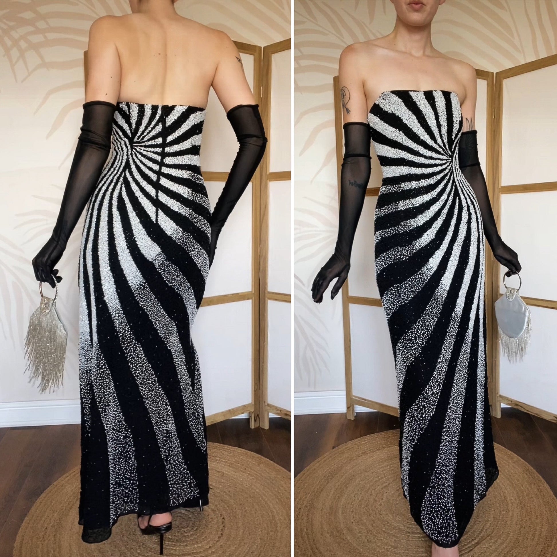 Black & white Kaleidoscope beaded strapless evening dress UK 12 & 14 a Scum Vintage Black & white Kaleidoscope beaded strapless evening dress UK 12 & 14 a Scum Vintage