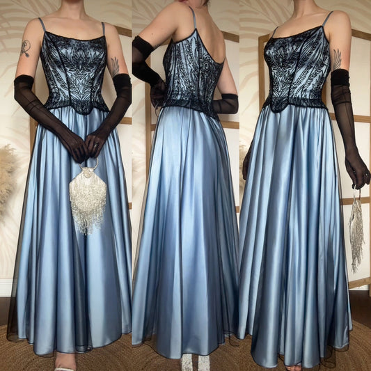 Christine Elizabeth blue & black a-line evening dress uk 10-12