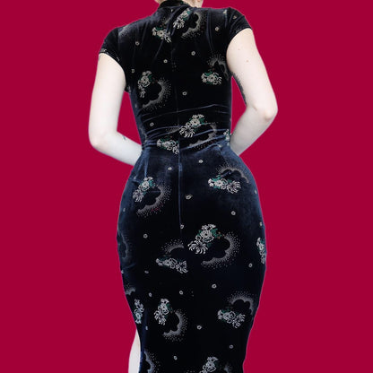 Black velvet short sleeve evening dress UK 10