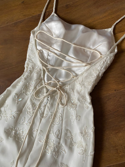 Ivory petite 100% silk beaded wedding dress uk 6