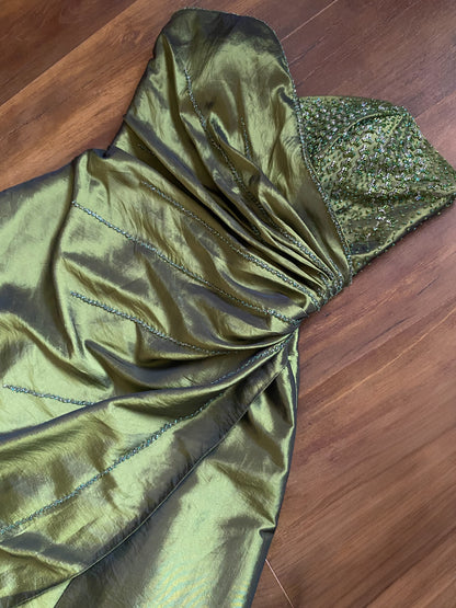 Olive green strapless beaded prom dress & shawl uk 14