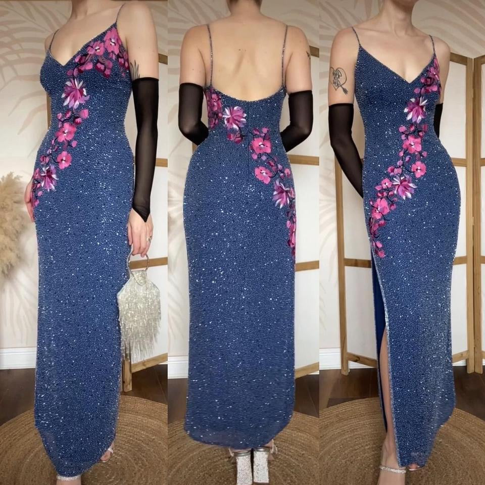 Blue silk beaded floral evening dress UK 12-14