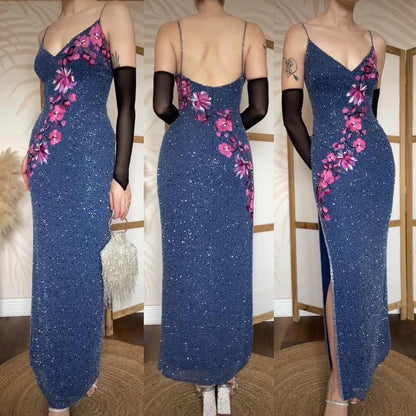 Blue silk beaded floral evening dress UK 12-14