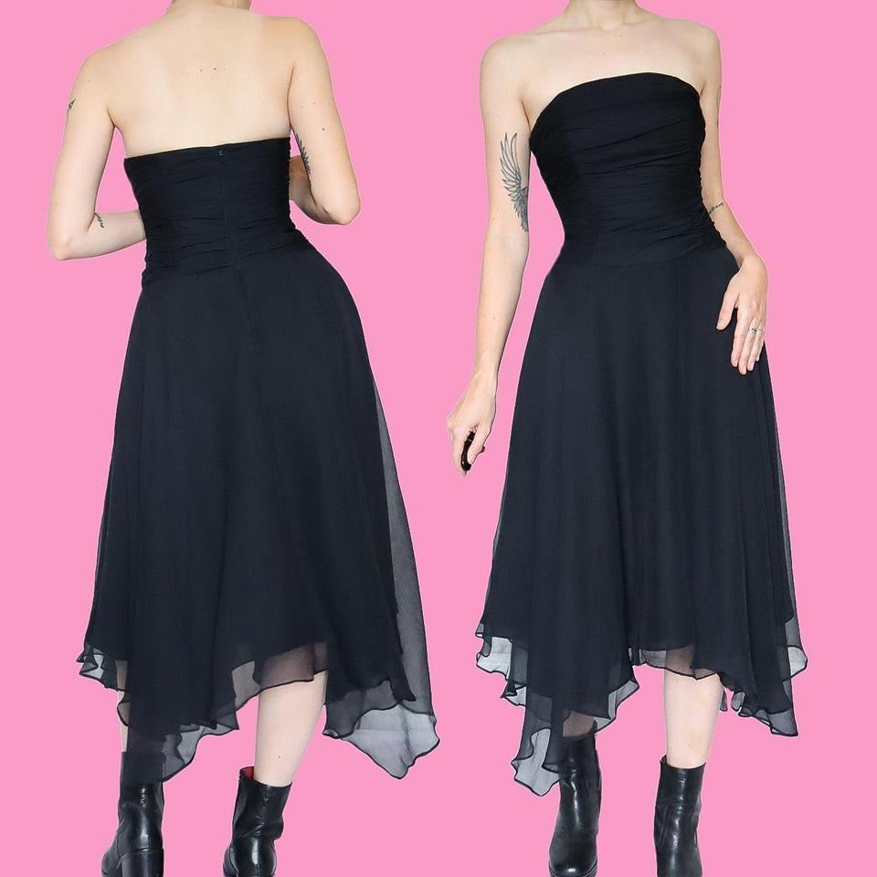 Black 100% silk strapless midi dress UK 12