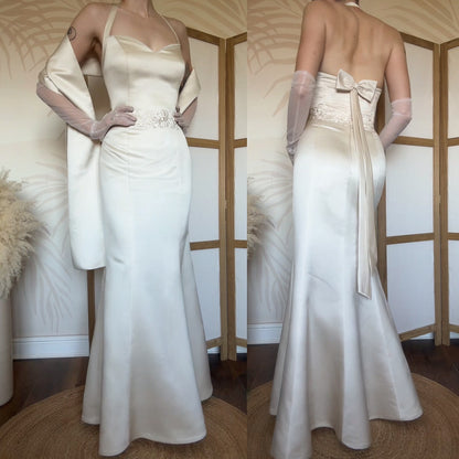 Cream halter-neck wedding dress & shawl uk 14