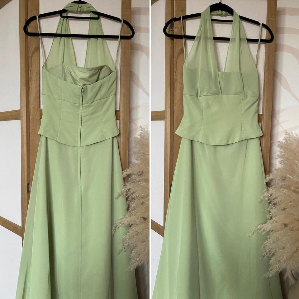 Green halter-neck chiffon evening dress uk 8