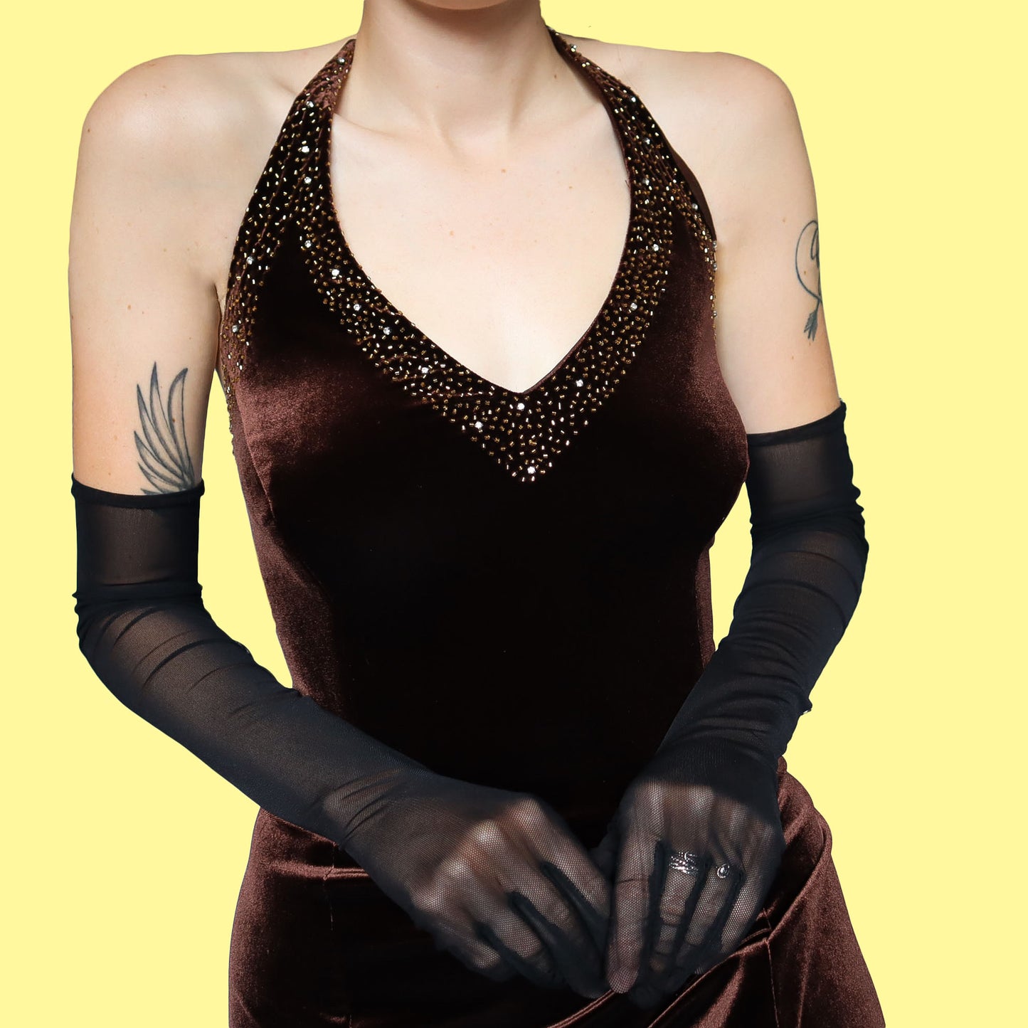 Brown velvet halter neck evening dress UK 16