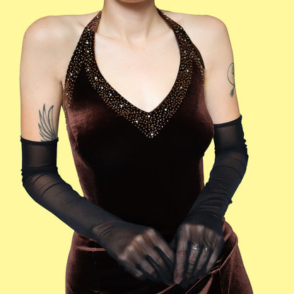 Brown velvet halter neck evening dress UK 16