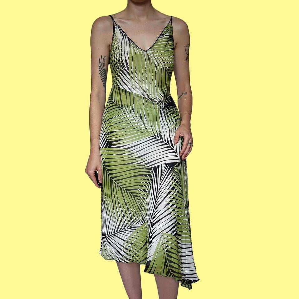 Green Planet 100% silk leaf print midi dress UK 12