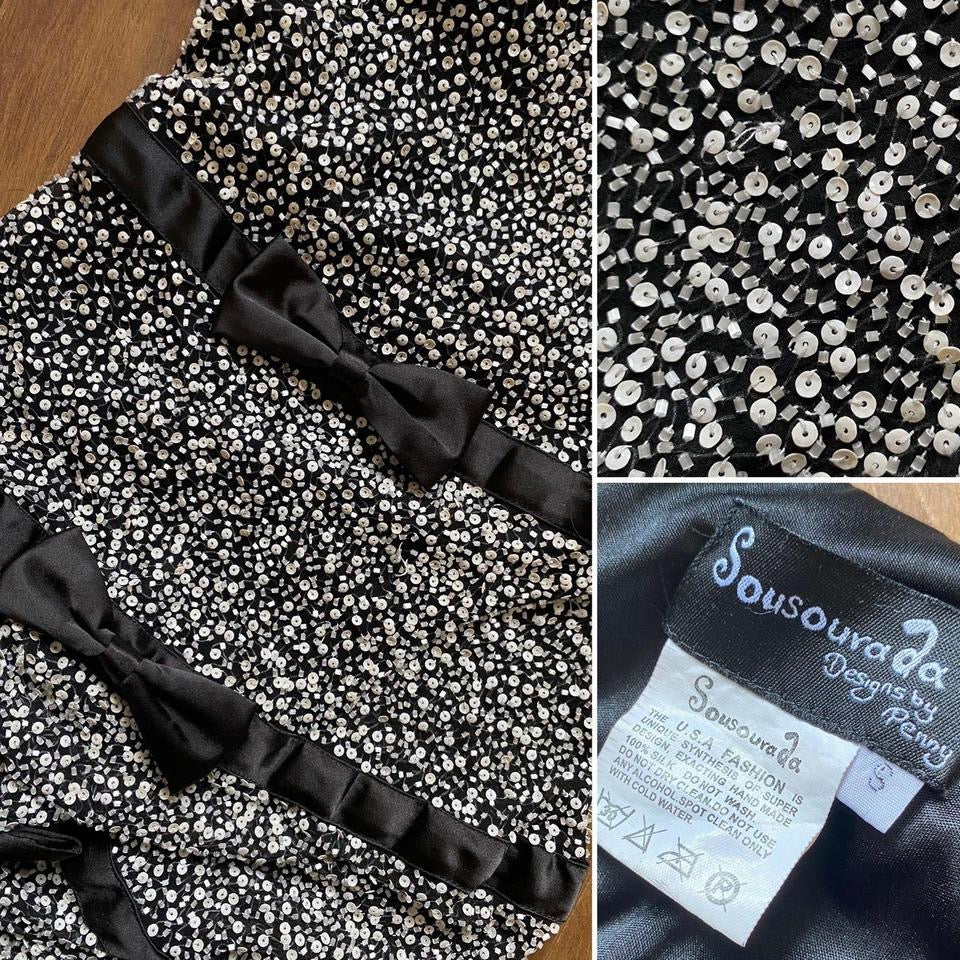 Sousourada 100% silk black & white beaded evening dress uk 6-8