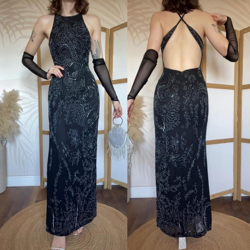 Black beaded open back evening dress uk 8-10